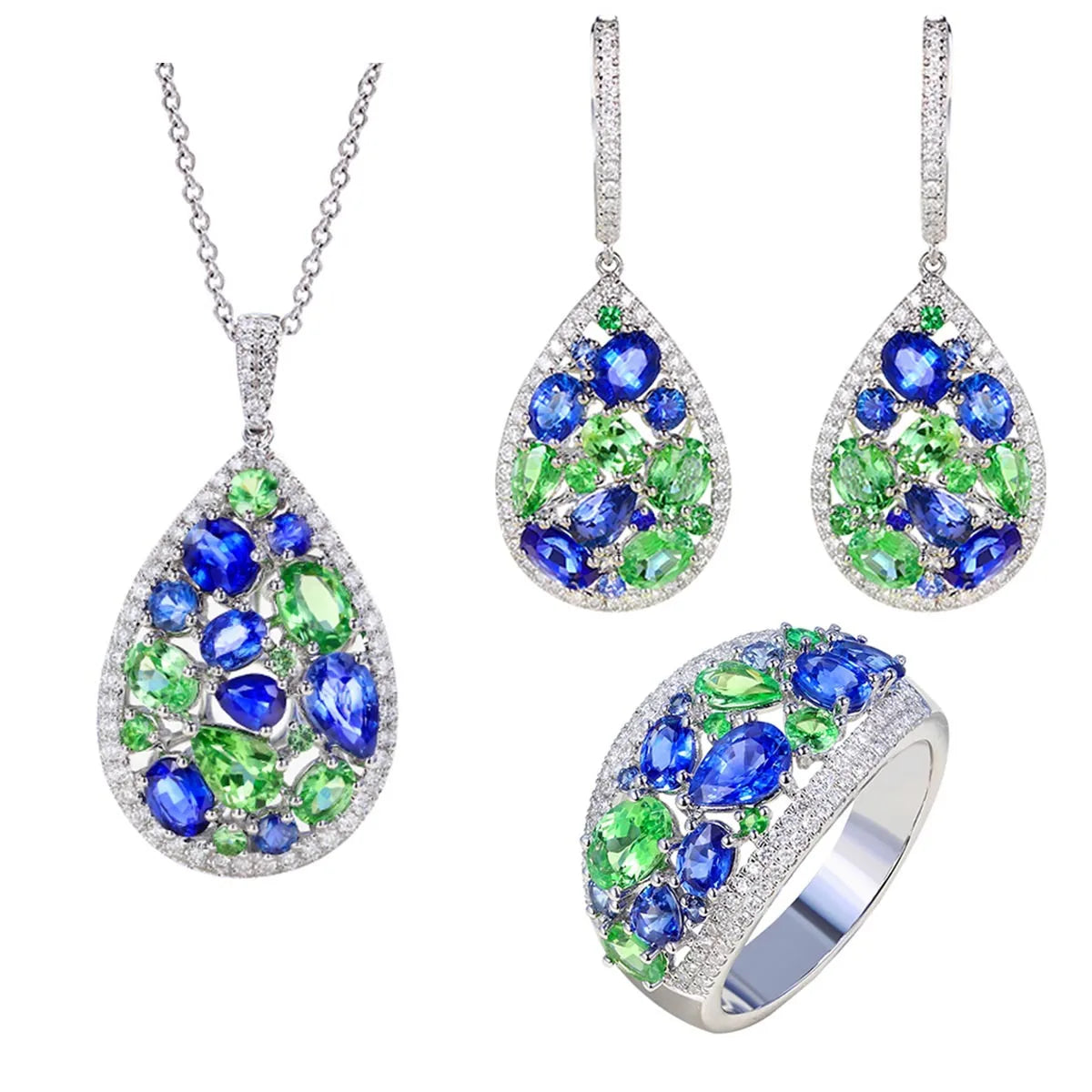 Emerald Drop & Sapphire Set - Luxurious Elegance in Green and Blue