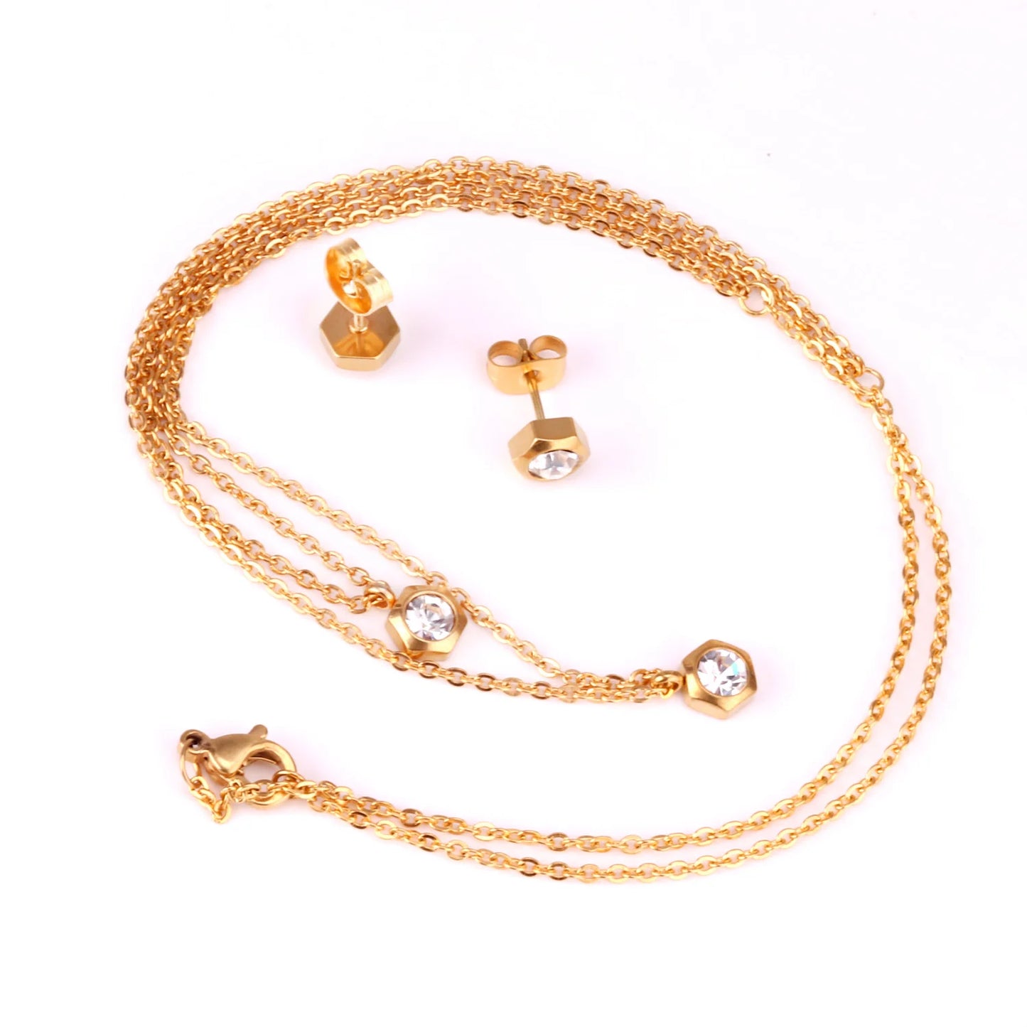 Hexagonal Gold Women's Set - Necklace & Earrings Crystal | Stainless Steel Gilded
