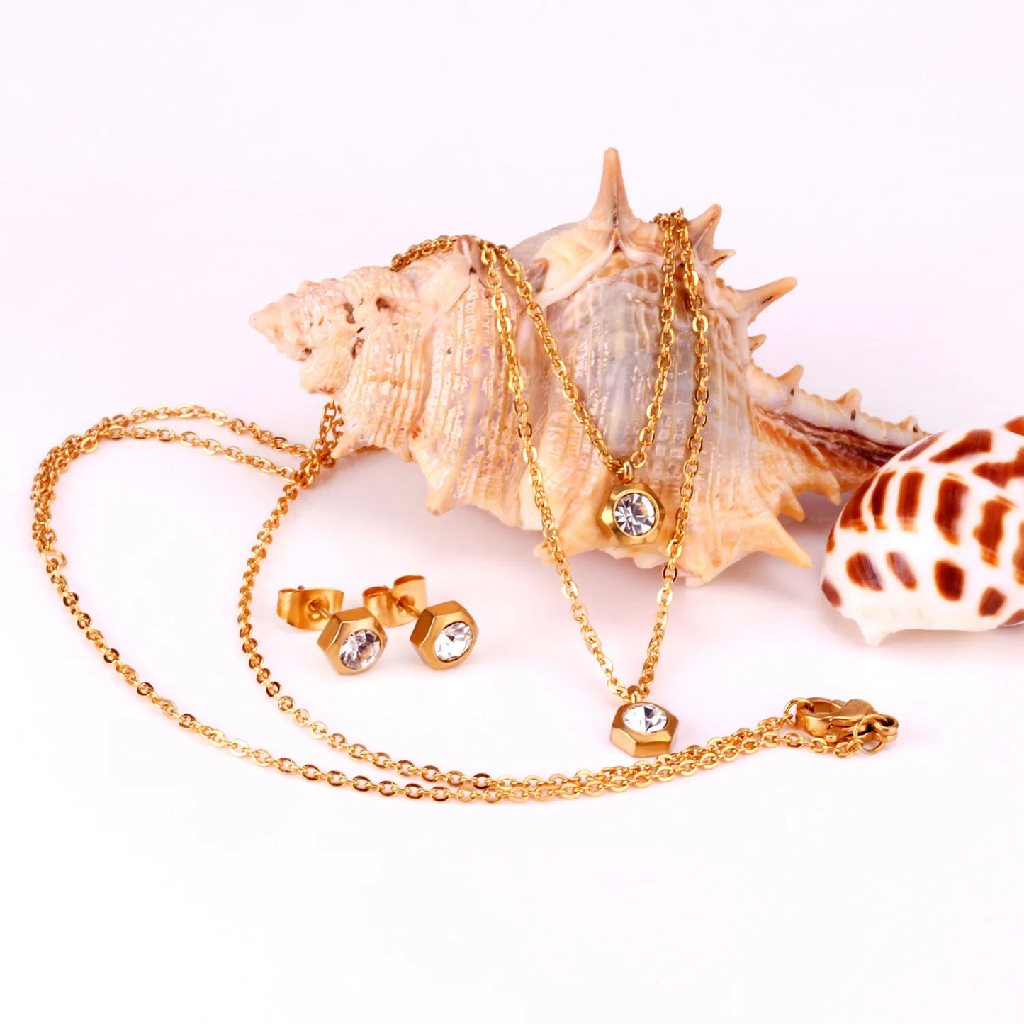 Hexagonal Gold Women's Set - Necklace & Earrings Crystal | Stainless Steel Gilded