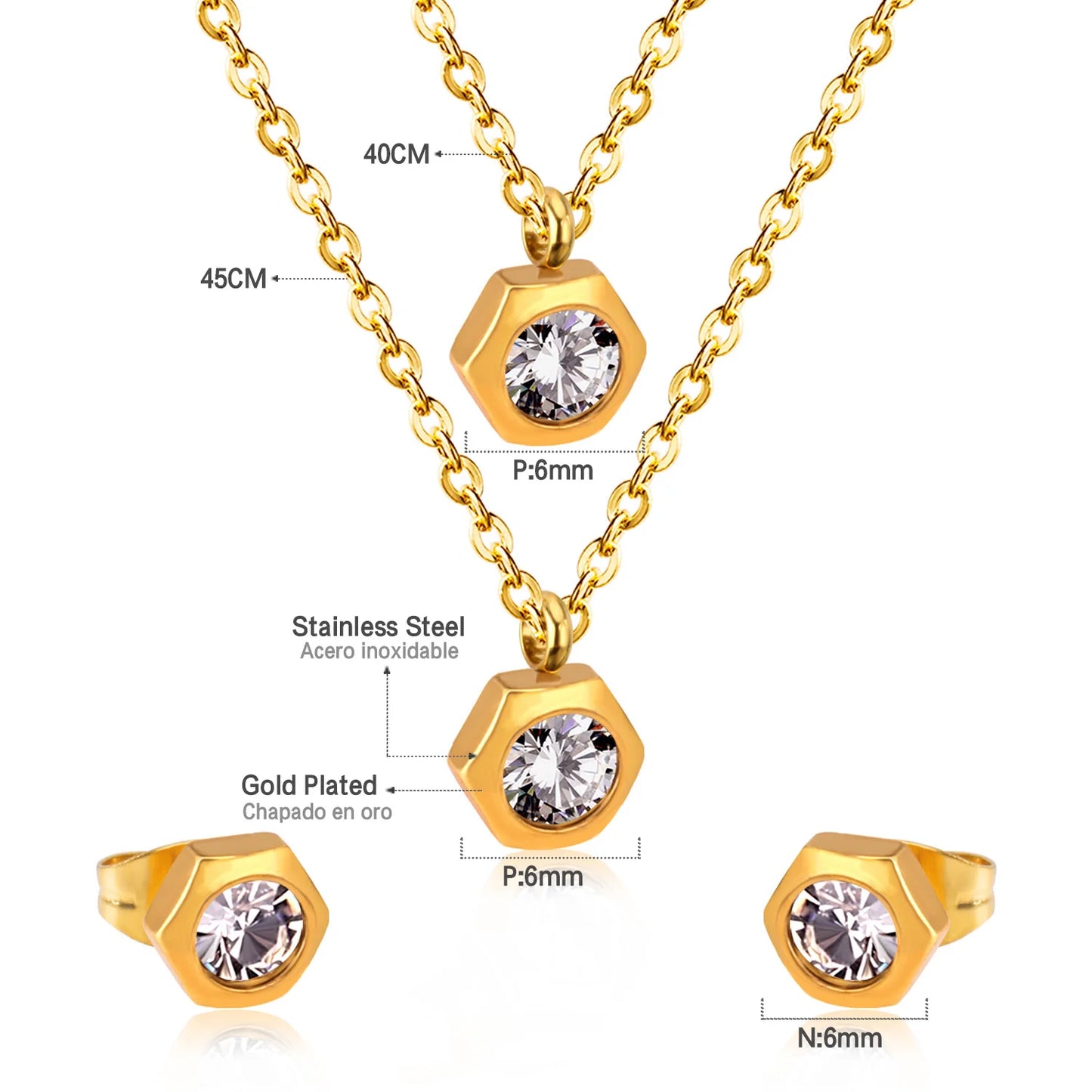 Hexagonal Gold Women's Set - Necklace & Earrings Crystal | Stainless Steel Gilded