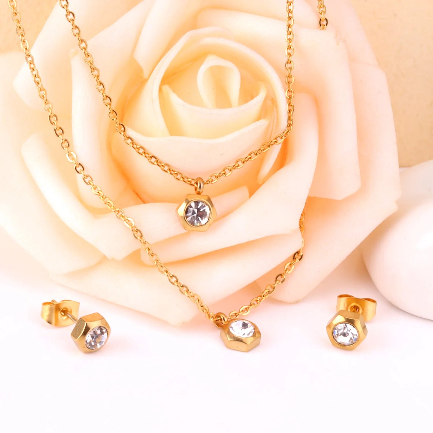 Hexagonal Gold Women's Set - Necklace & Earrings Crystal | Stainless Steel Gilded