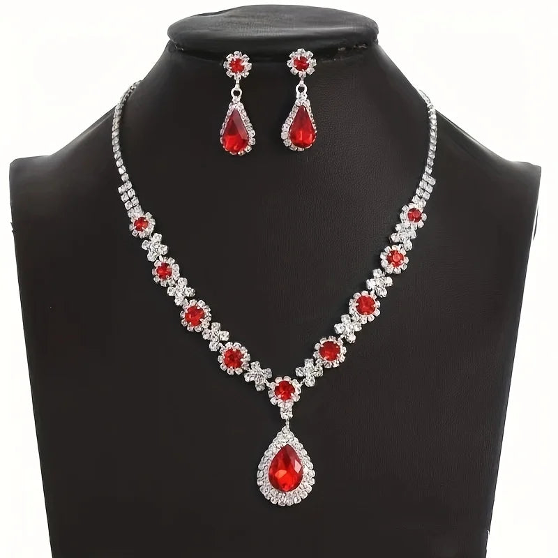 💎 Élégance Impériale Necklace and Earrings - Ruby Red & Zircon Crystal
