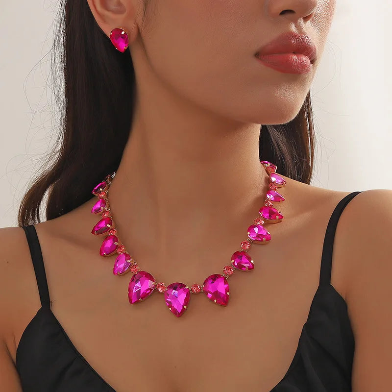 Luxury Fuchsia Geometric Jewelry Set – Rhinestone Necklace & Earrings for Women | Party & Wedding