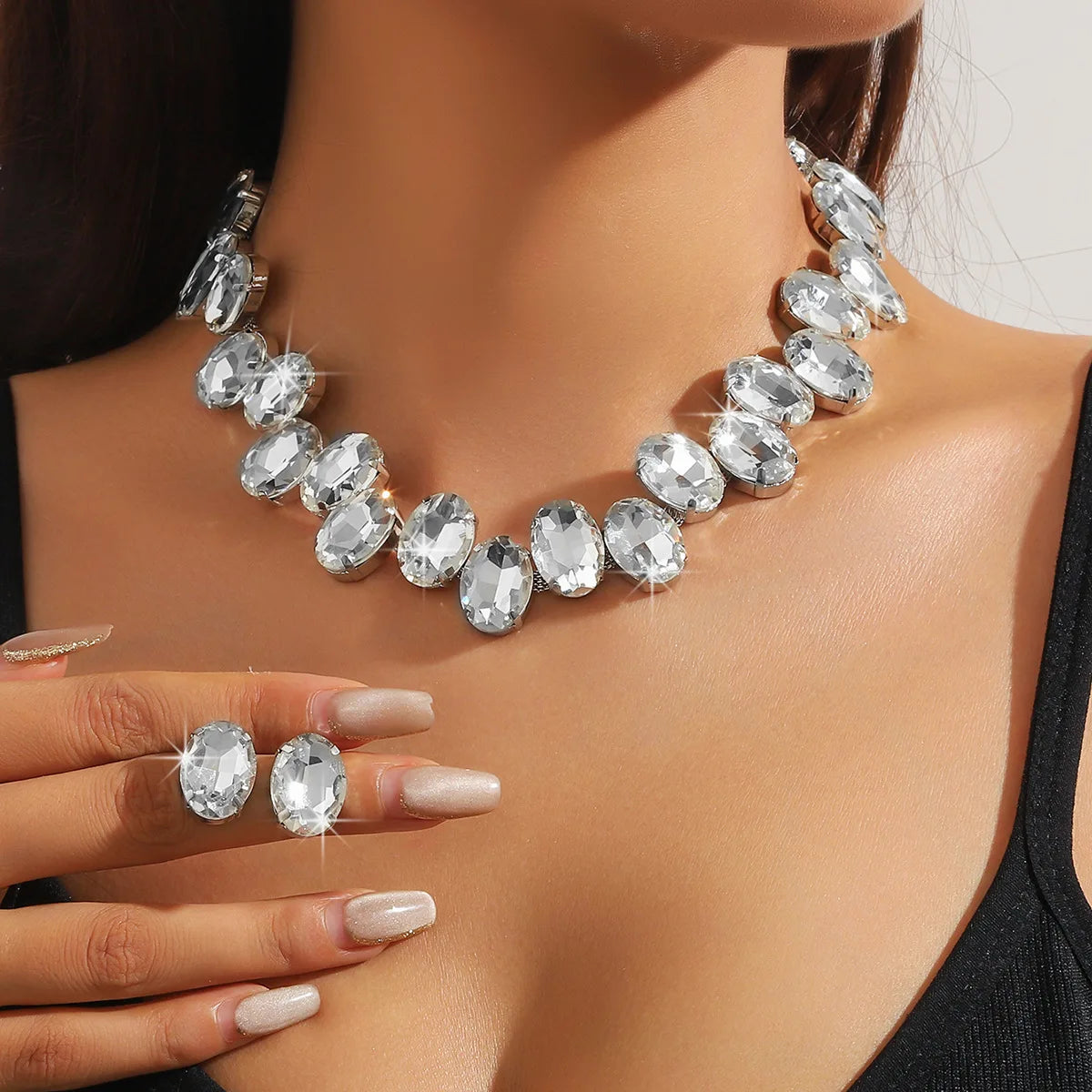 Luxury Fuchsia Geometric Jewelry Set – Rhinestone Necklace & Earrings for Women | Party & Wedding