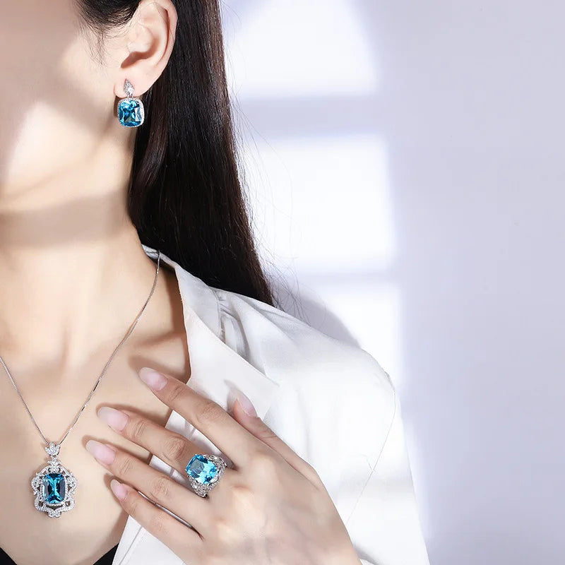 💙 Parure Impériale Saphir Bleu - Necklace, Ring & Earrings Éclat Prestige