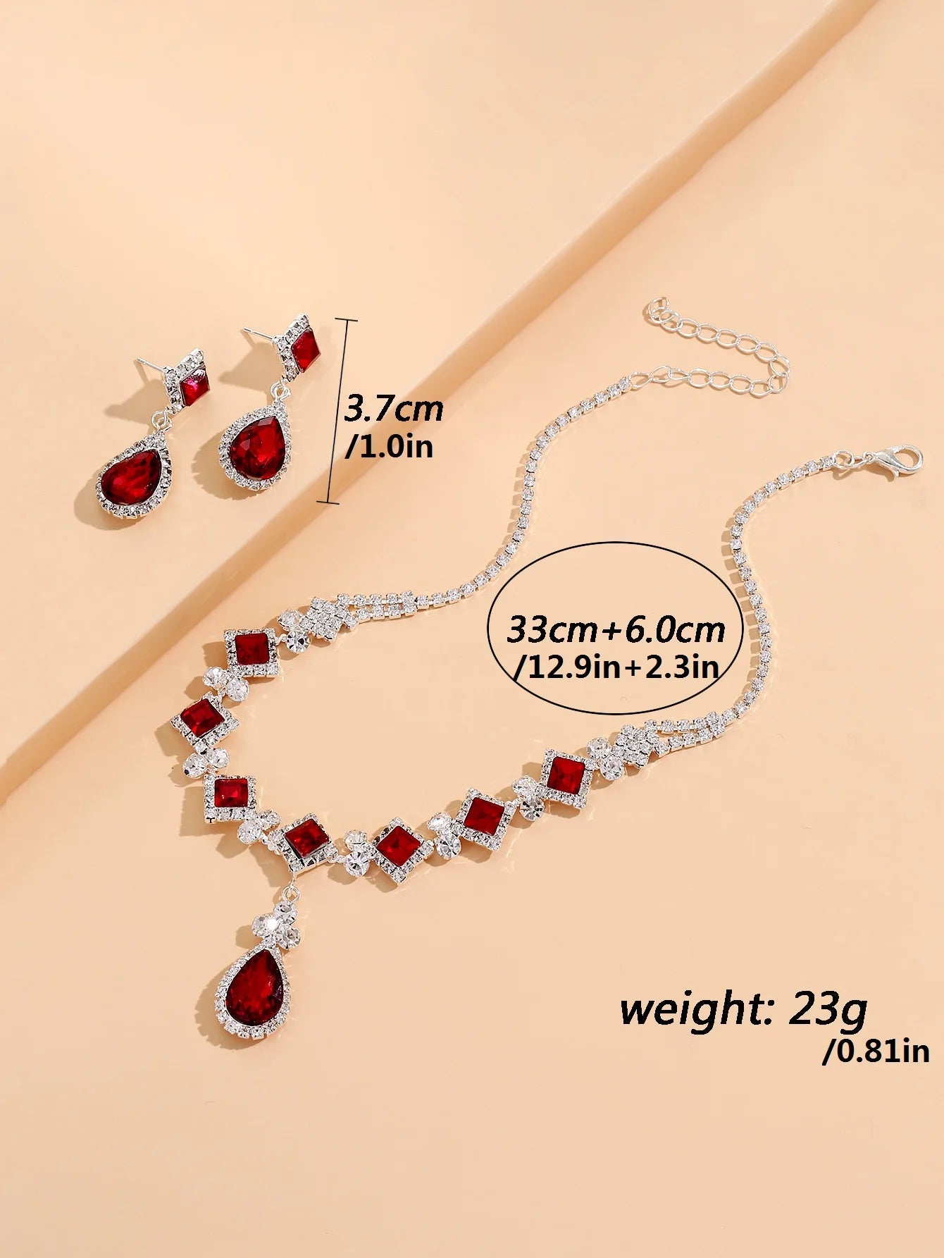 💎 Élégance Impériale Necklace and Earrings - Ruby Red & Zircon Crystal