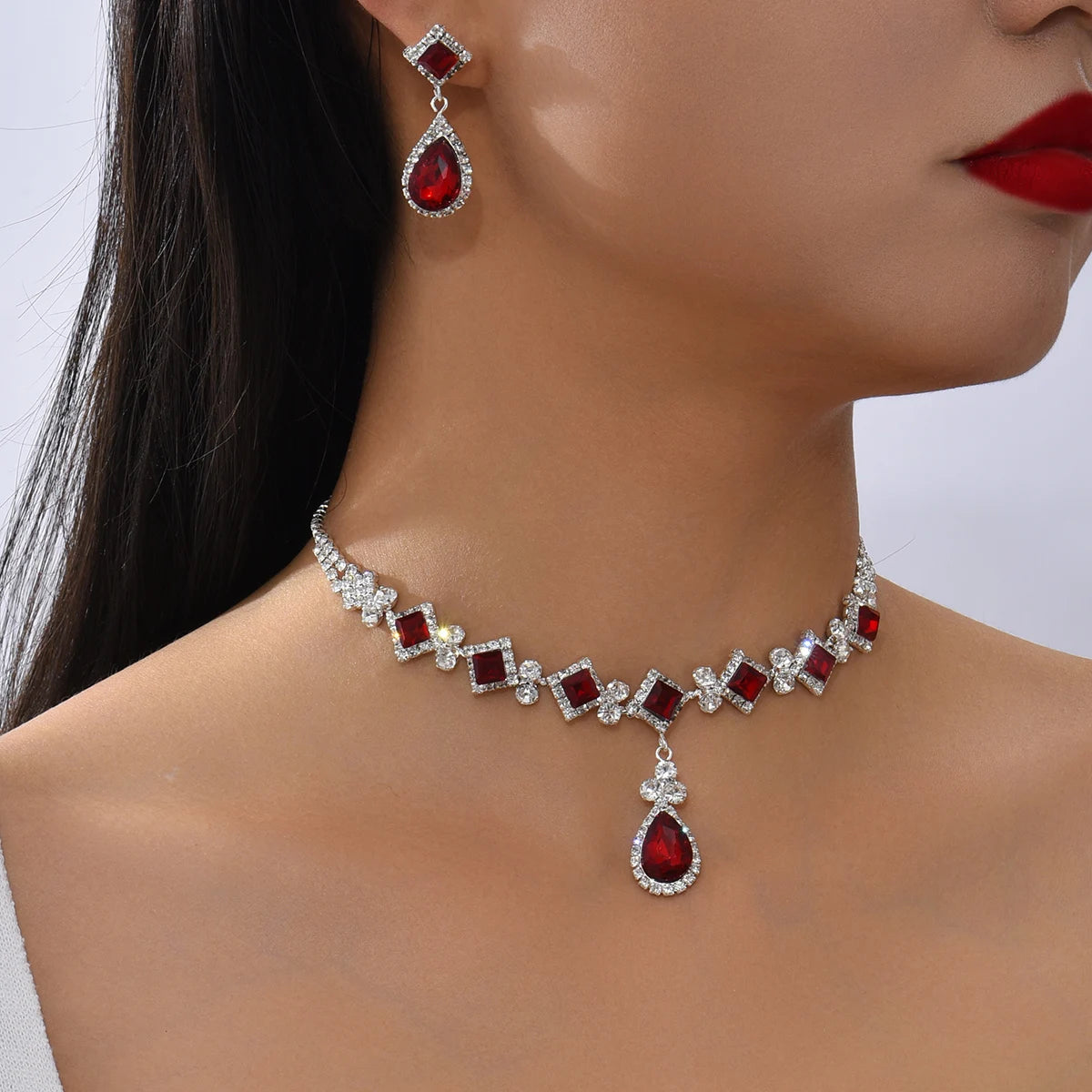 💎 Élégance Impériale Necklace and Earrings - Ruby Red & Zircon Crystal