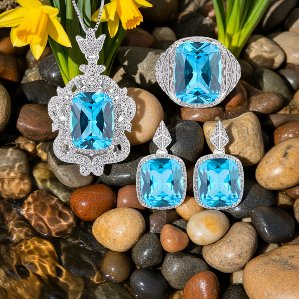 💙 Parure Impériale Saphir Bleu - Necklace, Ring & Earrings Éclat Prestige