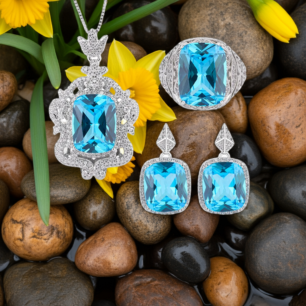 💙 Parure Impériale Saphir Bleu - Necklace, Ring & Earrings Éclat Prestige