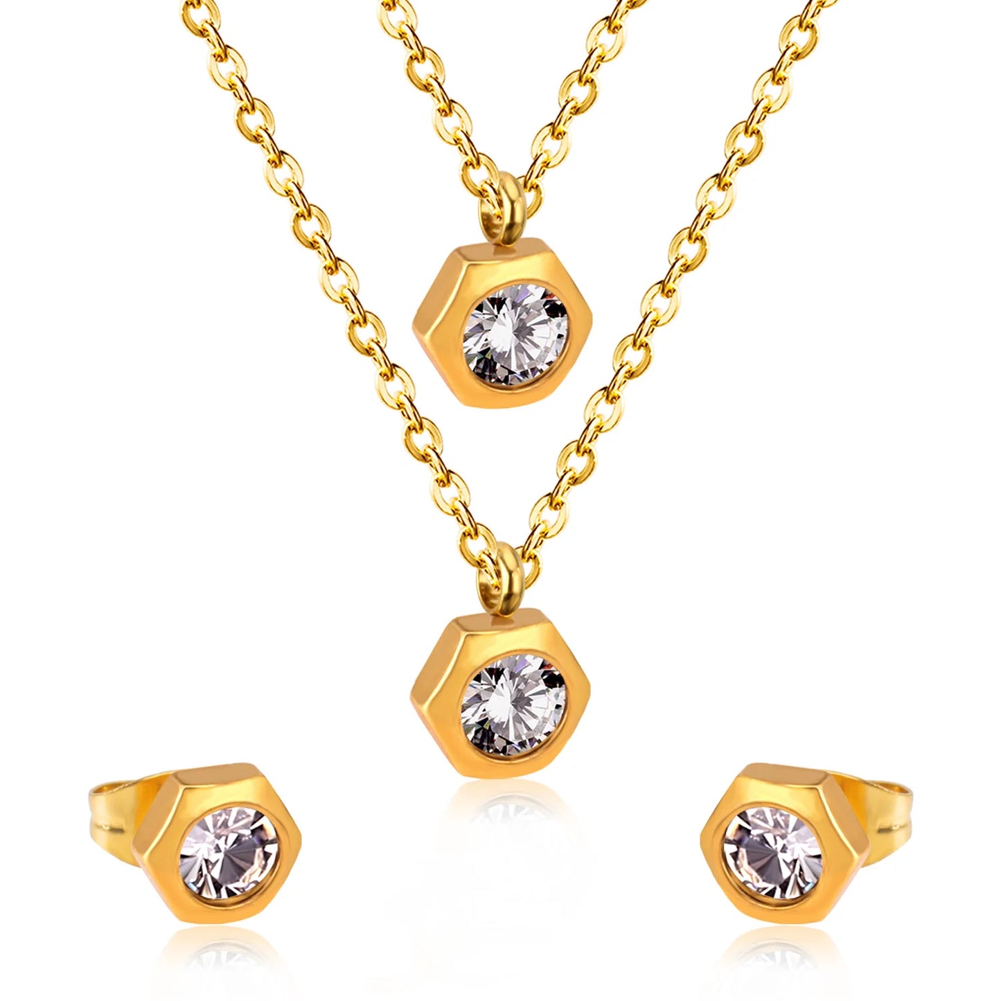 Hexagonal Gold Women's Set - Necklace & Earrings Crystal | Stainless Steel Gilded