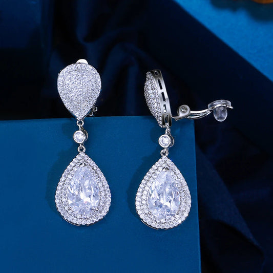 Luxury Clip-On Teardrop Rhinestone Earrings – Elegant Crystal Jewelry for Wedding or Party