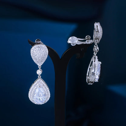 Luxury Clip-On Teardrop Rhinestone Earrings – Elegant Crystal Jewelry for Wedding or Party