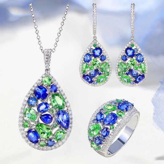 Emerald Drop & Sapphire Set - Luxurious Elegance in Green and Blue