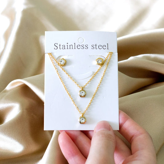 Hexagonal Gold Women's Set - Necklace & Earrings Crystal | Stainless Steel Gilded