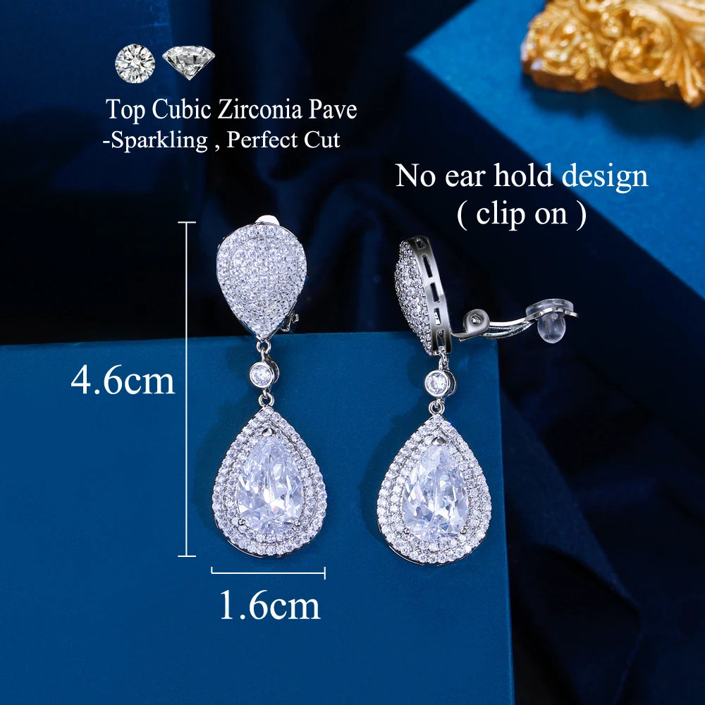 Luxury Clip-On Teardrop Rhinestone Earrings – Elegant Crystal Jewelry for Wedding or Party