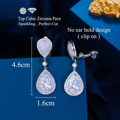 Luxury Clip-On Teardrop Rhinestone Earrings – Elegant Crystal Jewelry for Wedding or Party