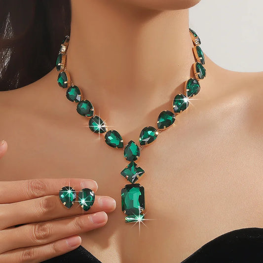 Luxury Fuchsia Geometric Jewelry Set – Rhinestone Necklace & Earrings for Women | Party & Wedding