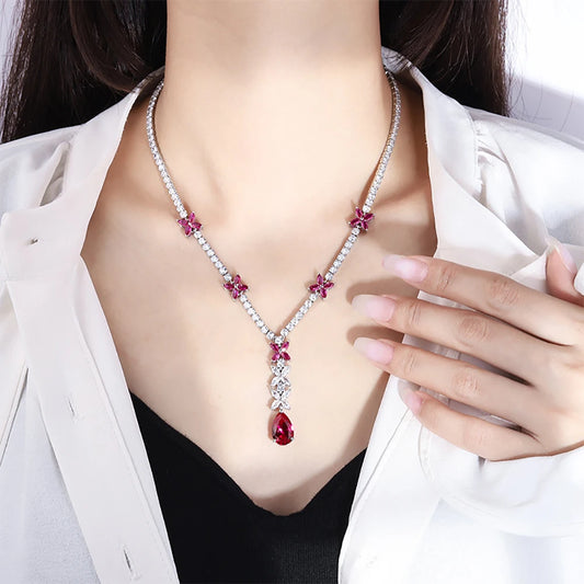 Sparkling 9*14MM Ruby Gemstone Pendant Necklace for Women Luxury High Carbon Diamond Cocktail Party Fine Jewelry Birthday Gift