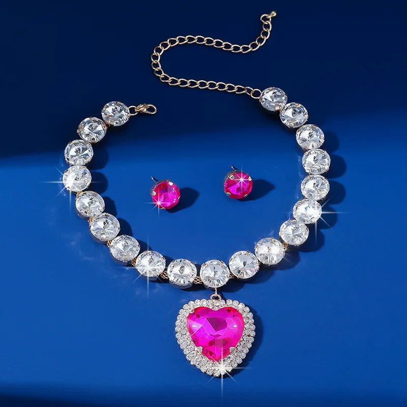 Luxury Fuchsia Geometric Jewelry Set – Rhinestone Necklace & Earrings for Women | Party & Wedding