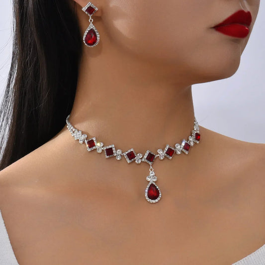 💎 Élégance Impériale Necklace and Earrings - Ruby Red & Zircon Crystal