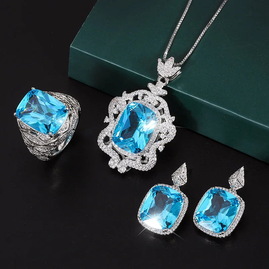 💙 Parure Impériale Saphir Bleu - Necklace, Ring & Earrings Éclat Prestige