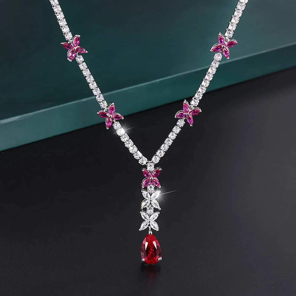 Sparkling 9*14MM Ruby Gemstone Pendant Necklace for Women Luxury High Carbon Diamond Cocktail Party Fine Jewelry Birthday Gift