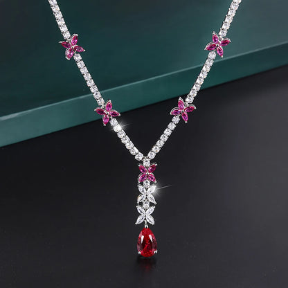 Sparkling 9*14MM Ruby Gemstone Pendant Necklace for Women Luxury High Carbon Diamond Cocktail Party Fine Jewelry Birthday Gift