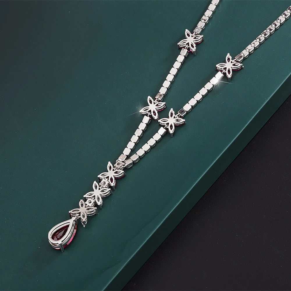 Sparkling 9*14MM Ruby Gemstone Pendant Necklace for Women Luxury High Carbon Diamond Cocktail Party Fine Jewelry Birthday Gift