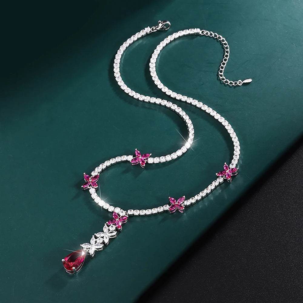 Sparkling 9*14MM Ruby Gemstone Pendant Necklace for Women Luxury High Carbon Diamond Cocktail Party Fine Jewelry Birthday Gift