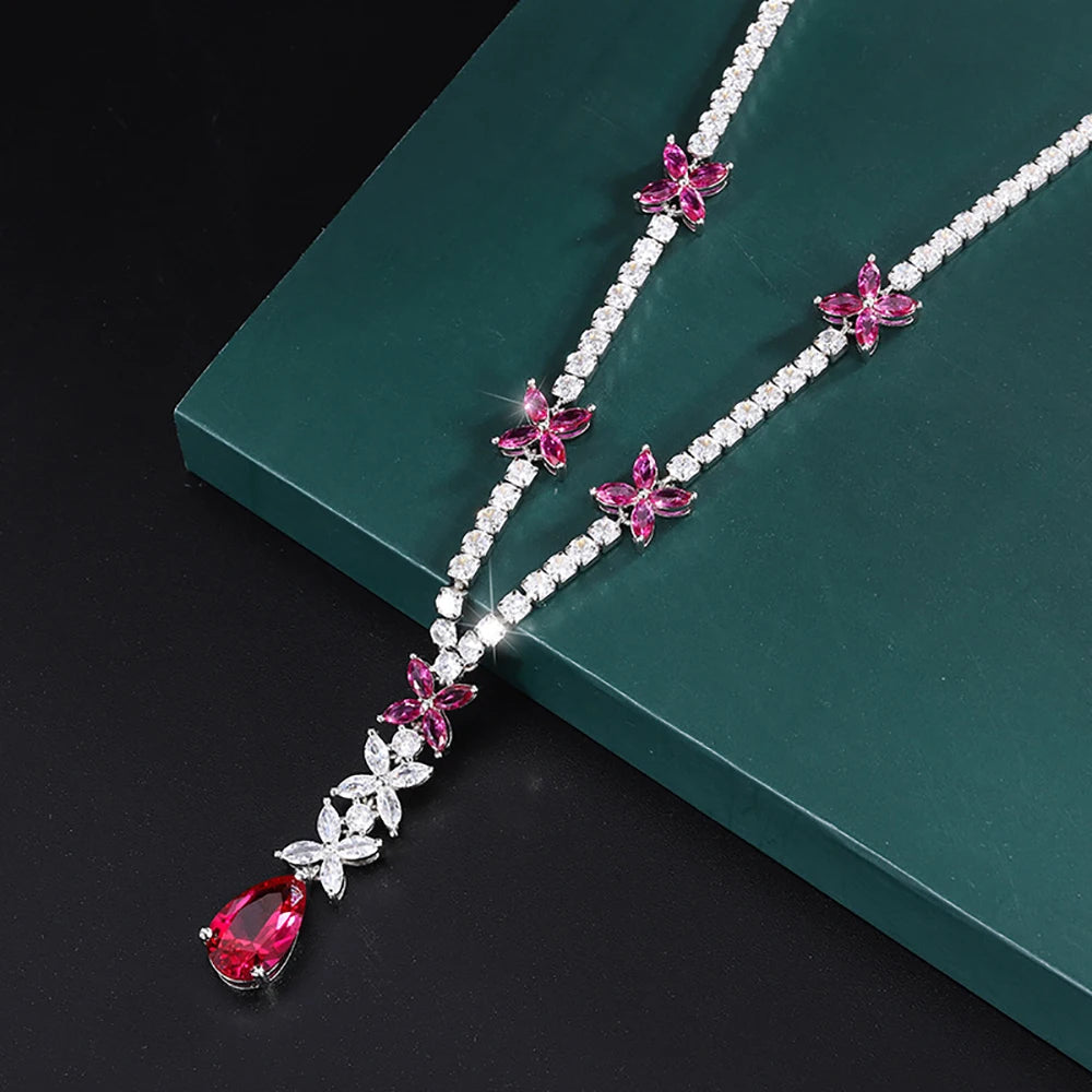Sparkling 9*14MM Ruby Gemstone Pendant Necklace for Women Luxury High Carbon Diamond Cocktail Party Fine Jewelry Birthday Gift
